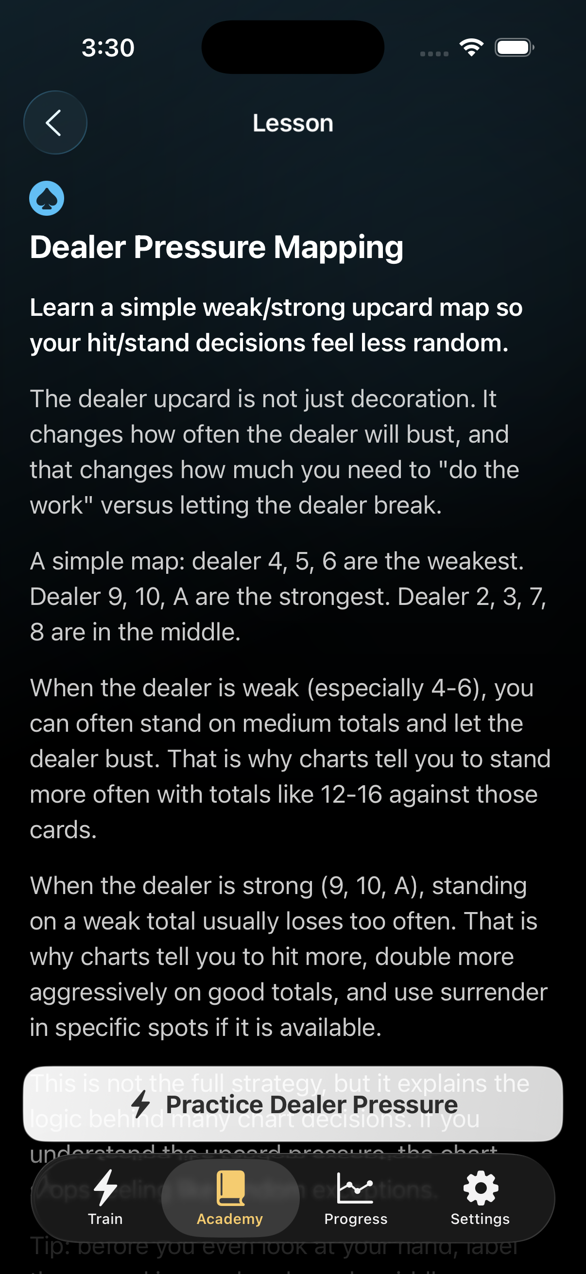 BlackJackal Academy lesson on Dealer Pressure Mapping