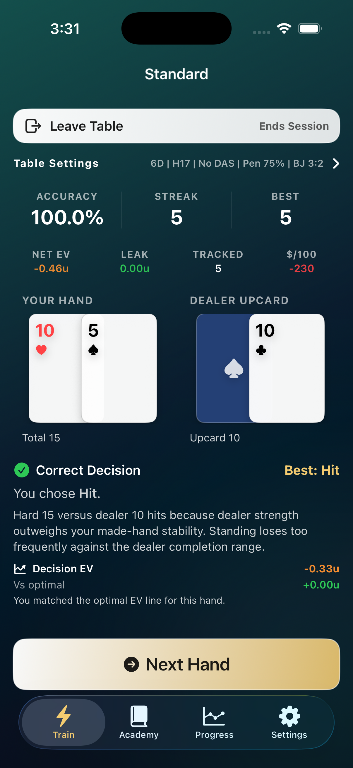 BlackJackal Standard training mode showing hand decision with EV feedback