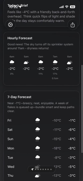 Feels Like hourly and 7-day forecast view with narrative guidance