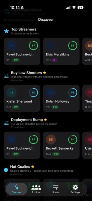 Forecheck discover screen with top streamers and scan rows